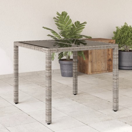 Mesa de jardim com tampo de vidro 90x90x75 cm vime PE cinzento