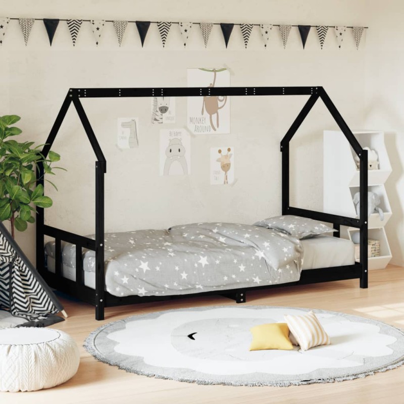 Estrutura de cama infantil 90x200 cm pinho maciço preto-Berços e camas infantis-Home Retail