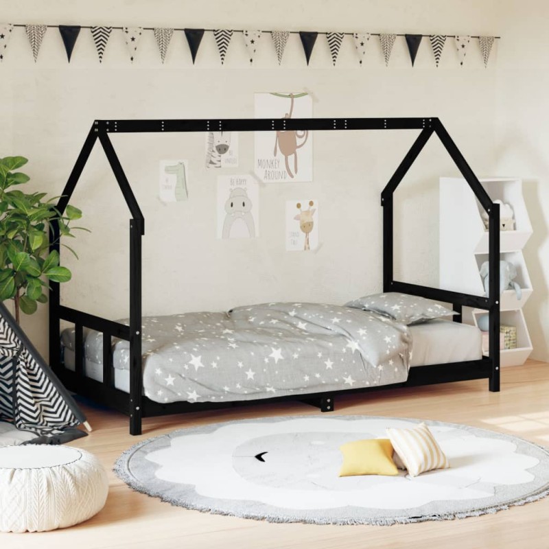 Estrutura de cama infantil 90x190 cm pinho maciço preto-Berços e camas infantis-Home Retail