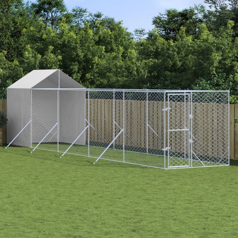 Canil de exterior com teto 2x10x2,5 m aço galvanizado prateado-Canis-Home Retail