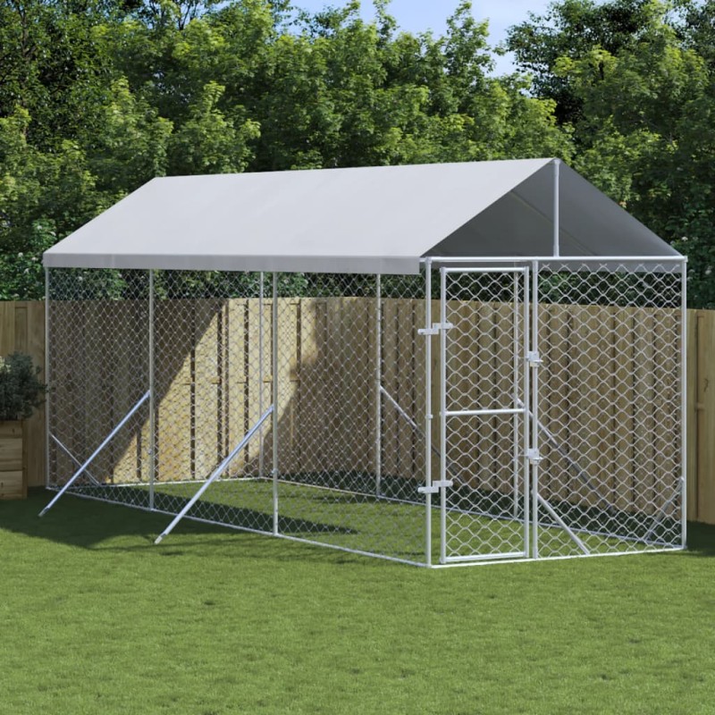 Canil de exterior com teto 2x6x2,5 m aço galvanizado prateado-Canis-Home Retail