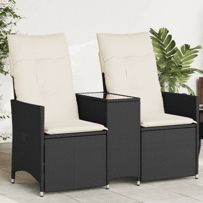 Sofá de jardim reclinável 2 lugares com mesa vime PE preto-Sofás para exterior-Home Retail