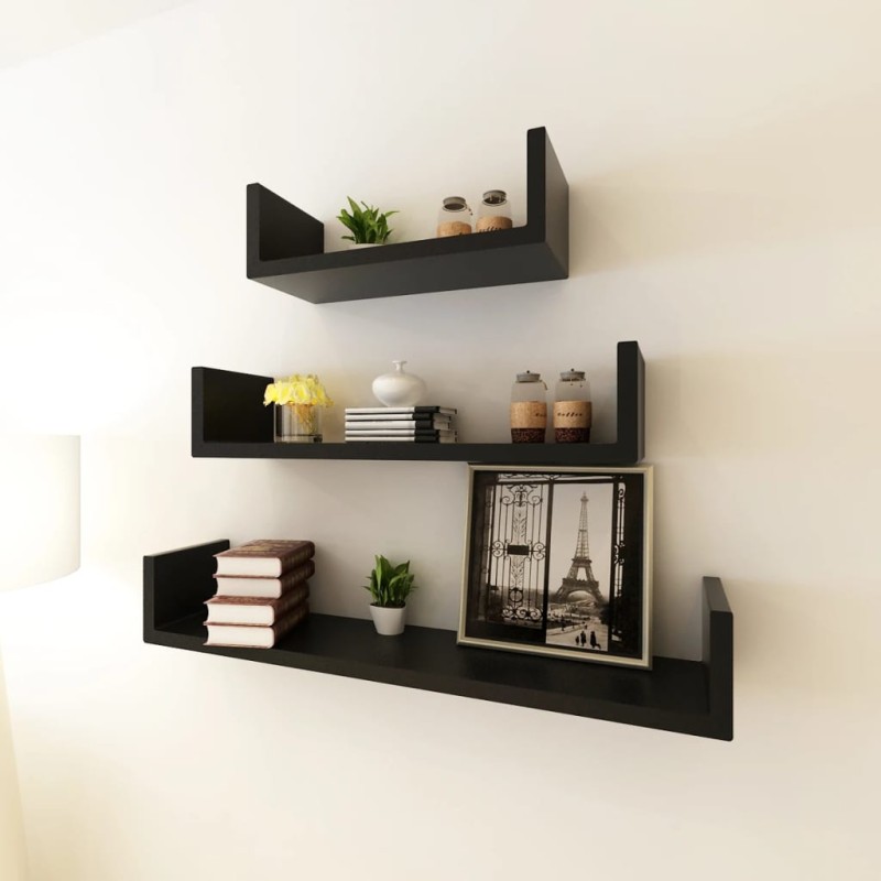 Conjunto 3 prateleiras de parede em forma de U MDF preto-Prateleiras-Home Retail