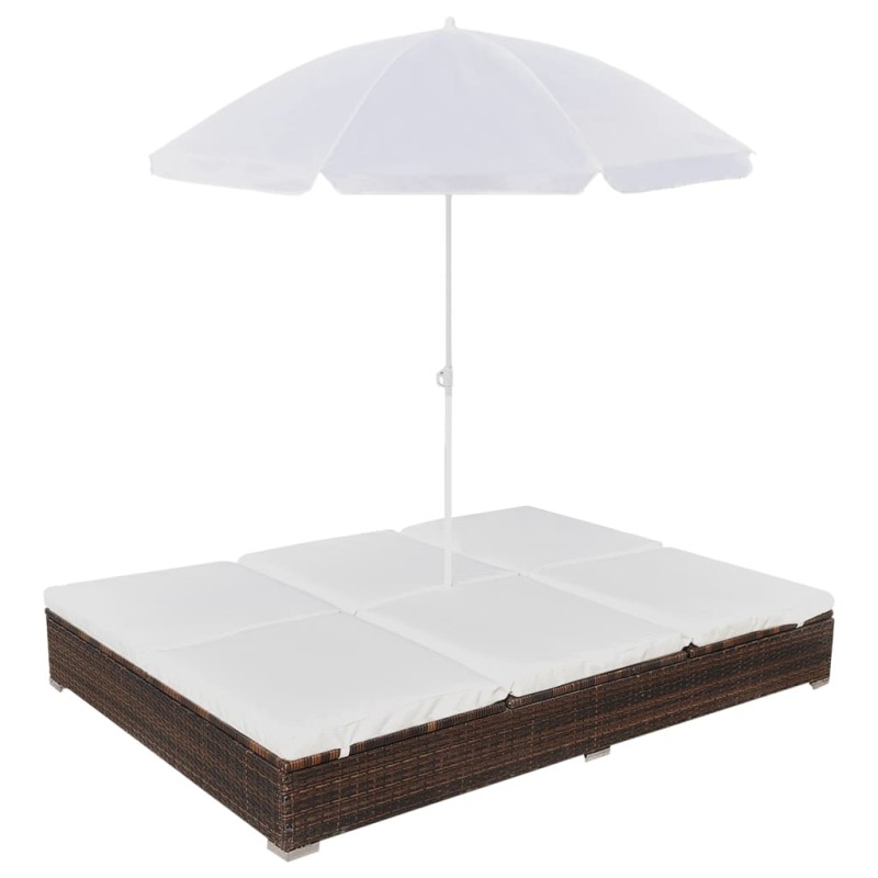 Espreguiçadeira de exterior com guarda-sol vime PE castanho-Camas de jardim-Home Retail