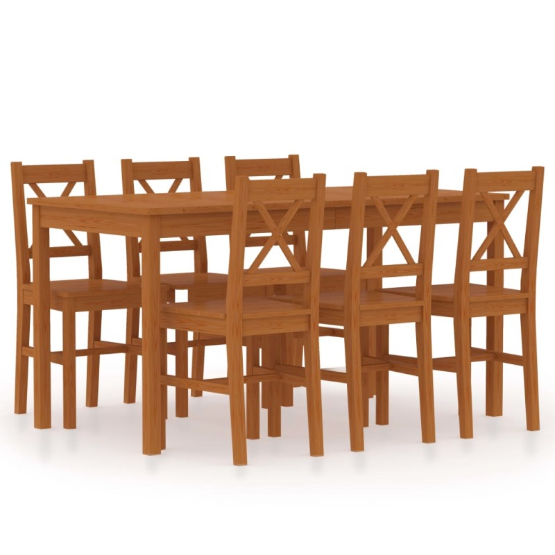 7 pcs conjunto de jantar em madeira de pinho castanho mel-Conjuntos de móveis para cozinha e sala de jantar-Home Retail