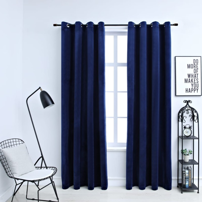 Cortinas blackout c/ argolas 2 pcs 140x225cm veludo azul escuro-Persianas e cortinas-Home Retail