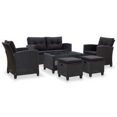 6 pcs conjunto sofás de jardim c/ almofadões vime PE preto