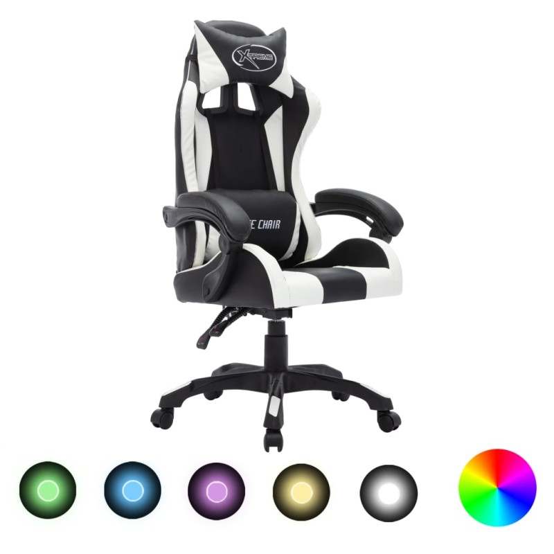 Cadeira estilo corrida luzes LED RGB couro artif. branco/preto-Cadeiras de escritório-Home Retail