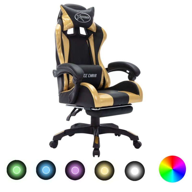 Cadeira estilo corrida luzes LED RGB couro artif. dourado/preto-Cadeiras de escritório-Home Retail