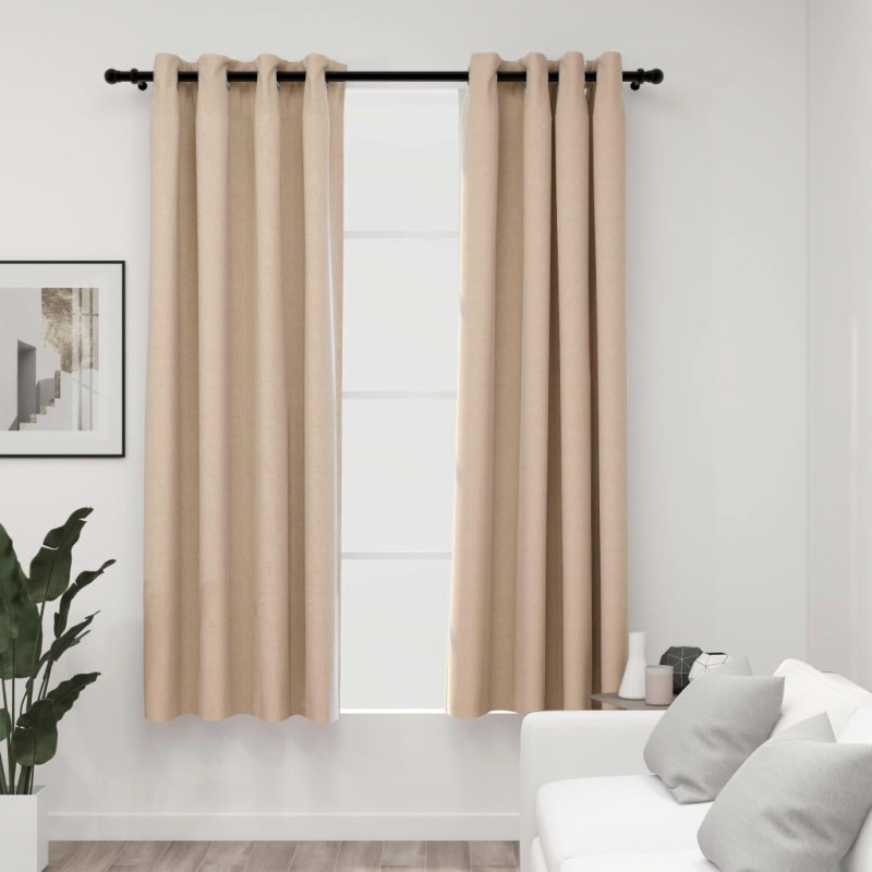 Cortinas opacas aspeto linho c/ ilhós 2 pcs 140x175 cm bege-Persianas e cortinas-Home Retail