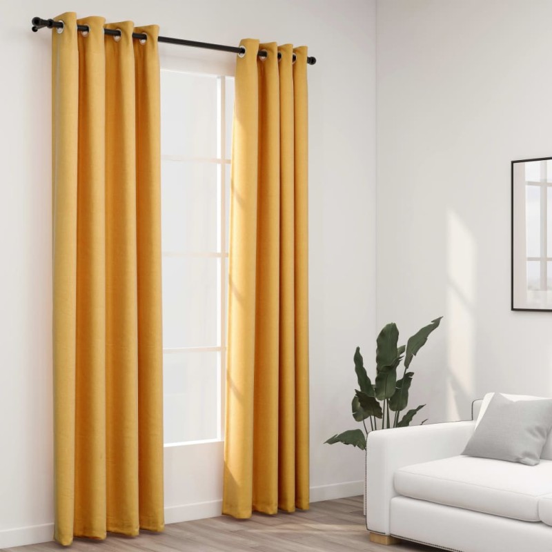 Cortinas opacas aspeto linho c/ ilhós 2 pcs 140x225 cm amarelo-Persianas e cortinas-Home Retail