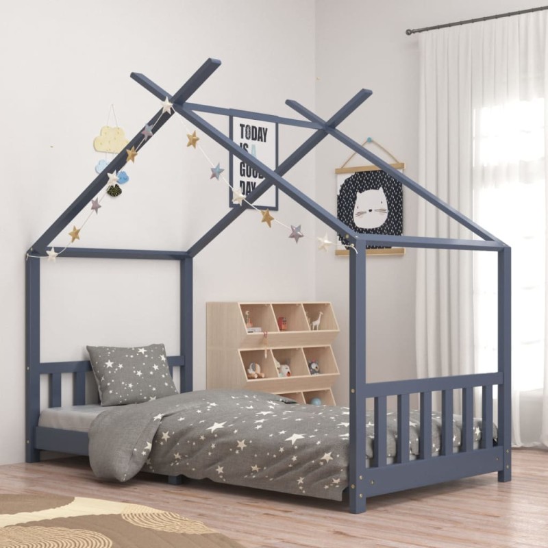 Estrutura de cama para crianças 90x200 cm pinho maciço cinzento-Berços e camas infantis-Home Retail