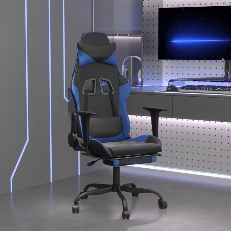 Cadeira gaming massagens c/ apoio pés couro artif. preto/azul-Cadeiras de jogo-Home Retail