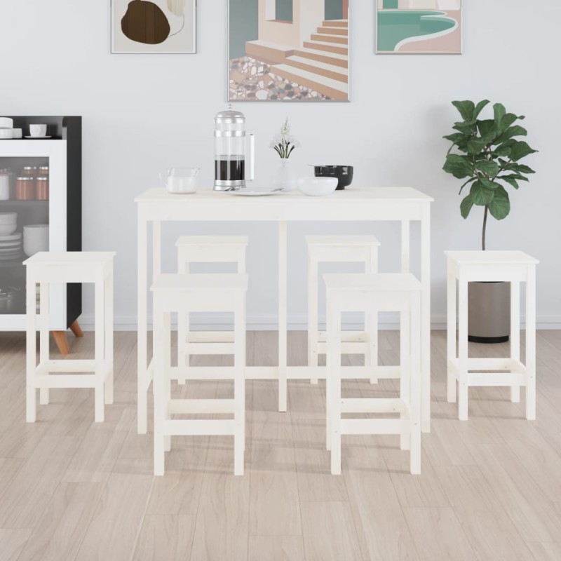 7 pcs conjunto de bar pinho maciço branco-Conjuntos de móveis para cozinha e sala de jantar-Home Retail