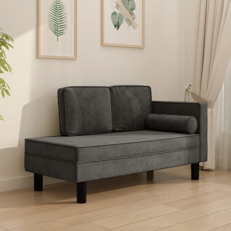 Chaise longue com almofadões e rolo veludo cinza-escuro-Sofás-Home Retail