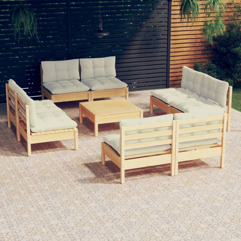 9 pcs conjunto lounge jardim c/ almofadões cor creme pinho-Conjuntos de jardim-Home Retail