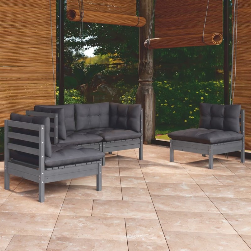 4 pcs conjunto lounge de jardim + almofadões pinho maciço-Conjuntos de jardim-Home Retail