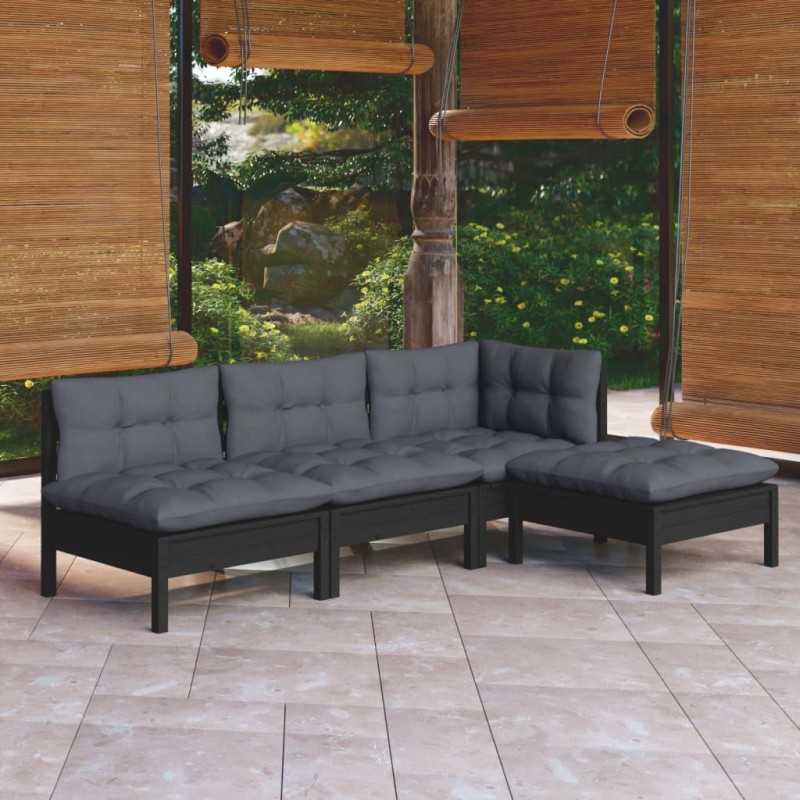 4 pcs conjunto lounge de jardim c/ almofadões pinho preto-Conjuntos de jardim-Home Retail