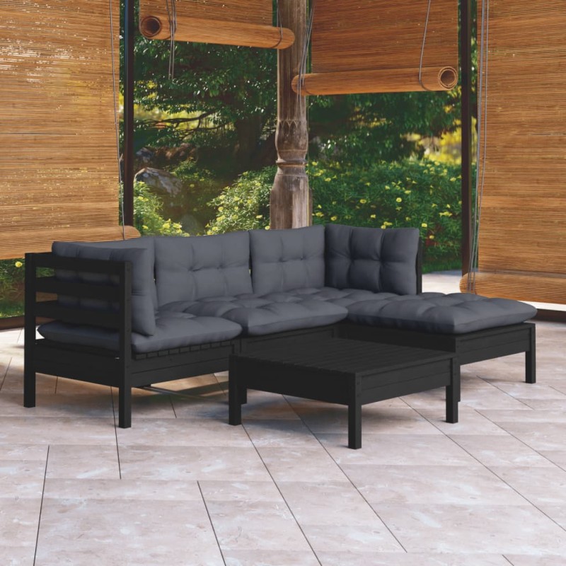 5 pcs conjunto lounge de jardim c/ almofadões pinho preto-Conjuntos de jardim-Home Retail