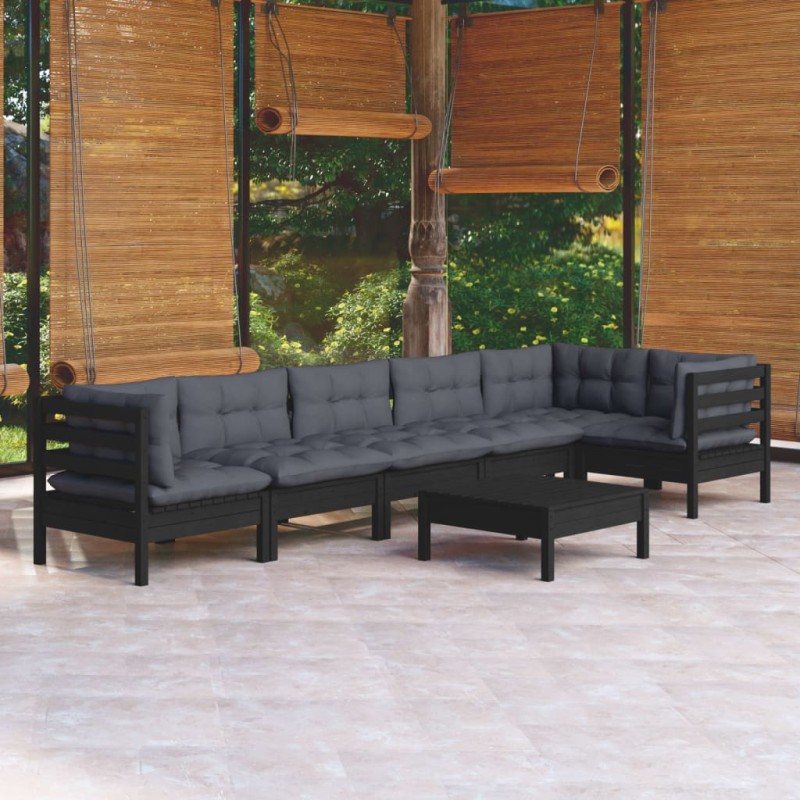 7 pcs conjunto lounge de jardim c/ almofadões pinho preto-Conjuntos de jardim-Home Retail