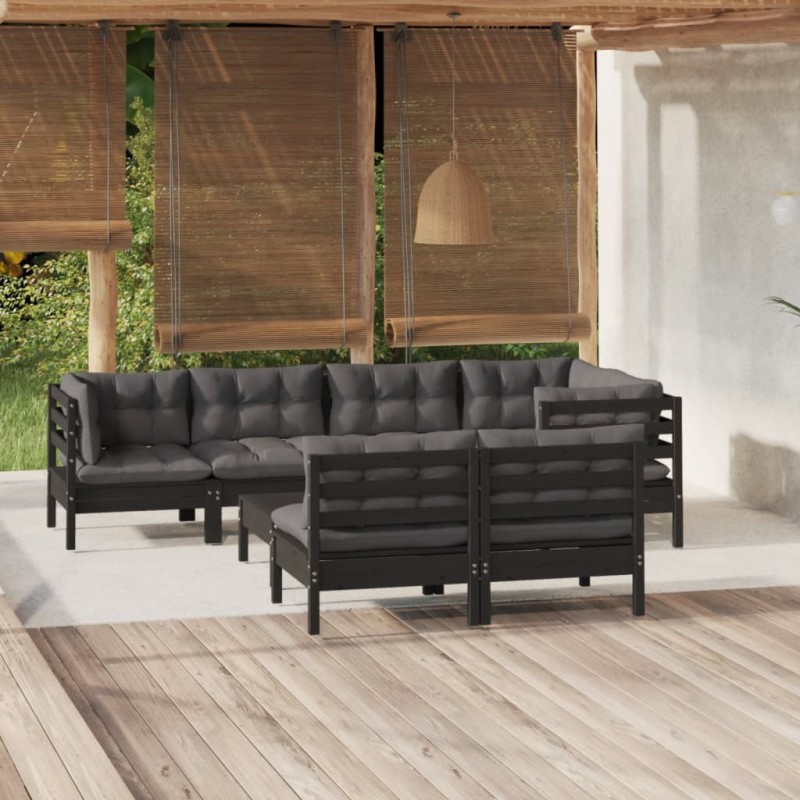 8 pcs conjunto lounge jardim c/ almofadões pinho maciço preto-Conjuntos de jardim-Home Retail