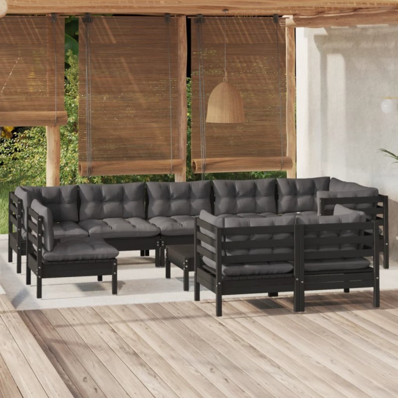 10 pcs conjunto lounge jardim c/ almofadões pinho maciço preto-Conjuntos de jardim-Home Retail