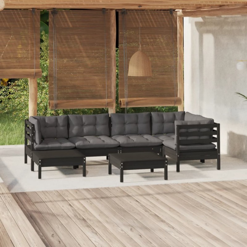 7 pcs conjunto lounge jardim c/ almofadões pinho maciço preto-Conjuntos de jardim-Home Retail