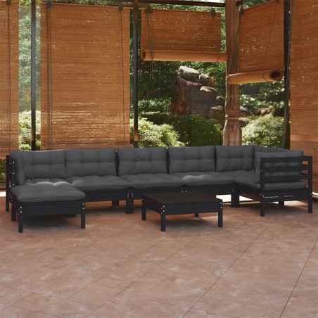 8 pcs conjunto lounge jardim c/ almofadões pinho maciço preto