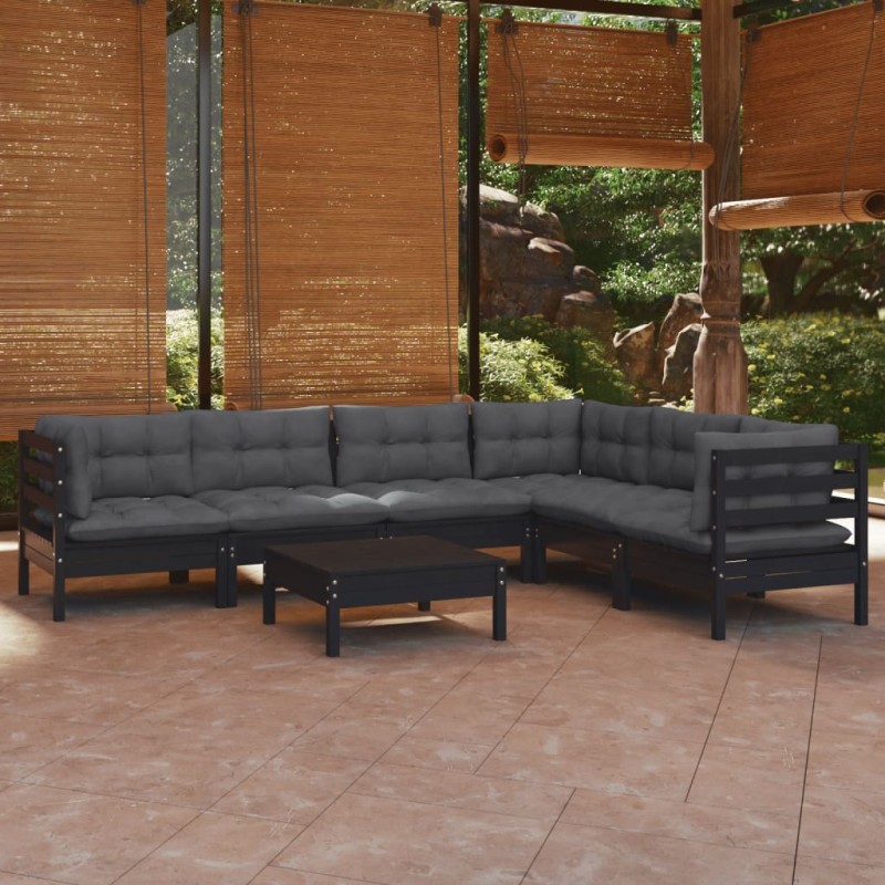 7 pcs conjunto lounge jardim c/ almofadões pinho maciço preto-Conjuntos de jardim-Home Retail