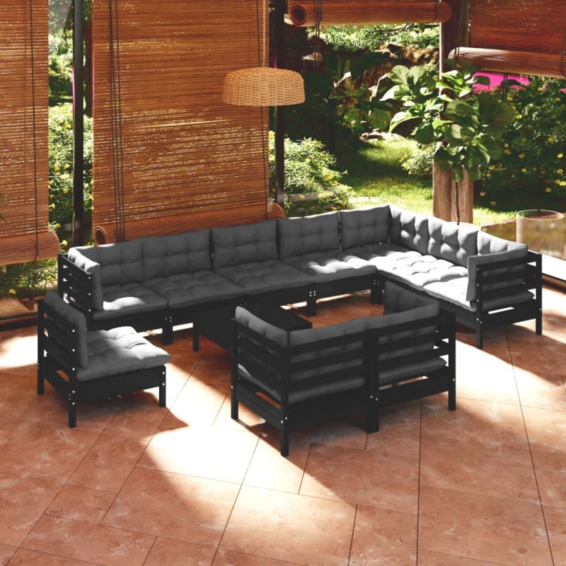 11 pcs conjunto lounge jardim c/ almofadões pinho maciço preto-Conjuntos de jardim-Home Retail