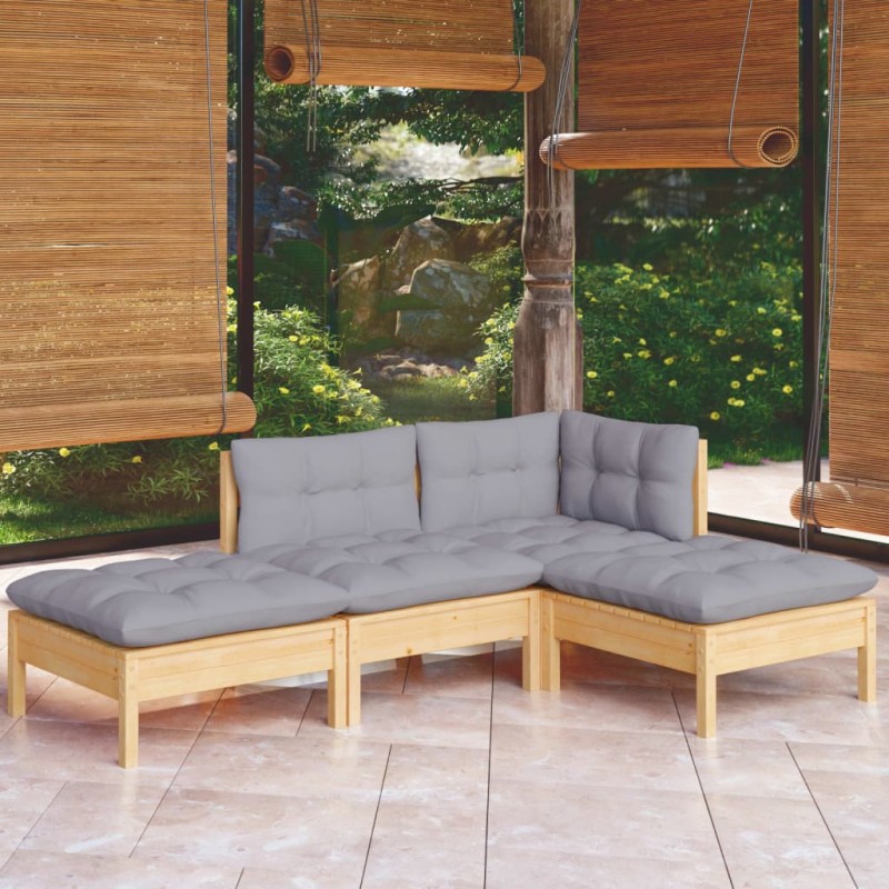 4 pcs conjunto lounge de jardim + almofadões cinza pinho maciço-Conjuntos de jardim-Home Retail