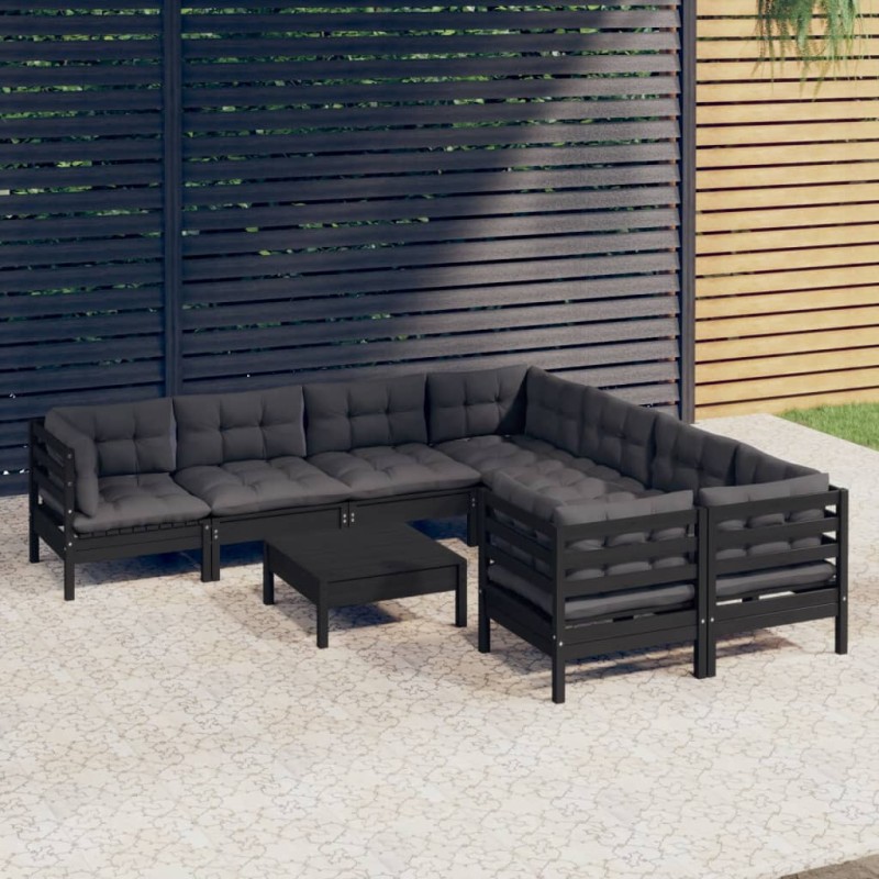 9 pcs conjunto lounge de jardim c/ almofadões pinho preto-Conjuntos de jardim-Home Retail