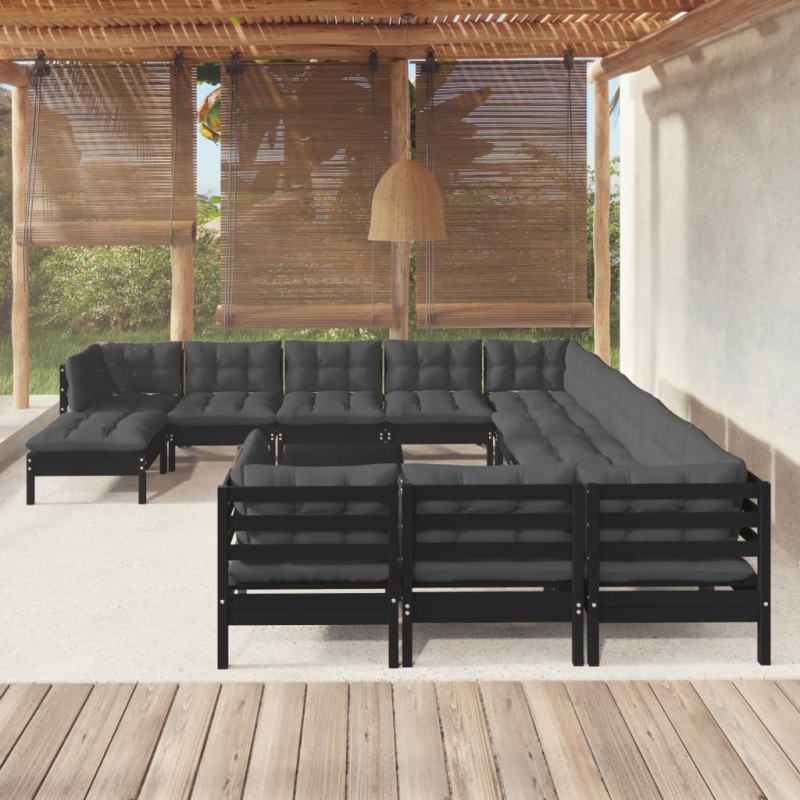 13 pcs conjunto lounge de jardim c/ almofadões pinho preto-Conjuntos de jardim-Home Retail