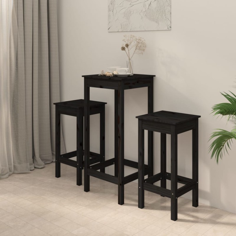 3 pcs conjunto de bar pinho maciço preto-Conjuntos de móveis para cozinha e sala de jantar-Home Retail