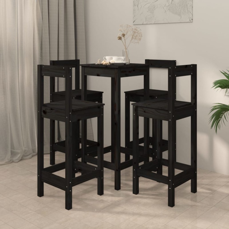 5 pcs conjunto de bar pinho maciço preto-Conjuntos de móveis para cozinha e sala de jantar-Home Retail