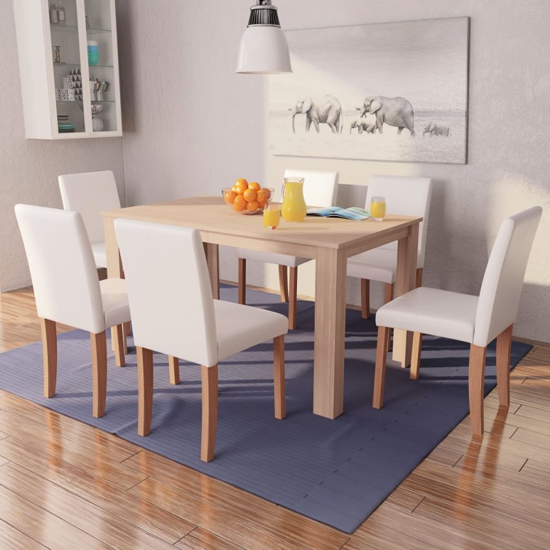 Mesa e cadeiras de jantar 7 pcs couro artificial carvalho creme-Conjuntos de móveis para cozinha e sala de jantar-Home Retail