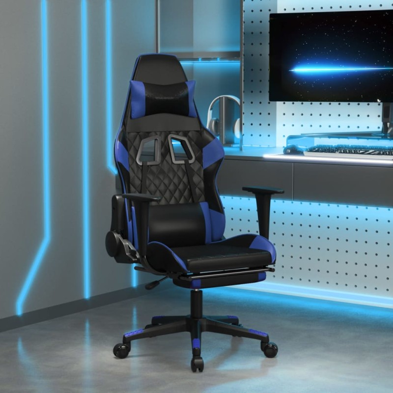 Cadeira gaming c/ apoio para pés couro artificial preto e azul-Cadeiras de jogo-Home Retail