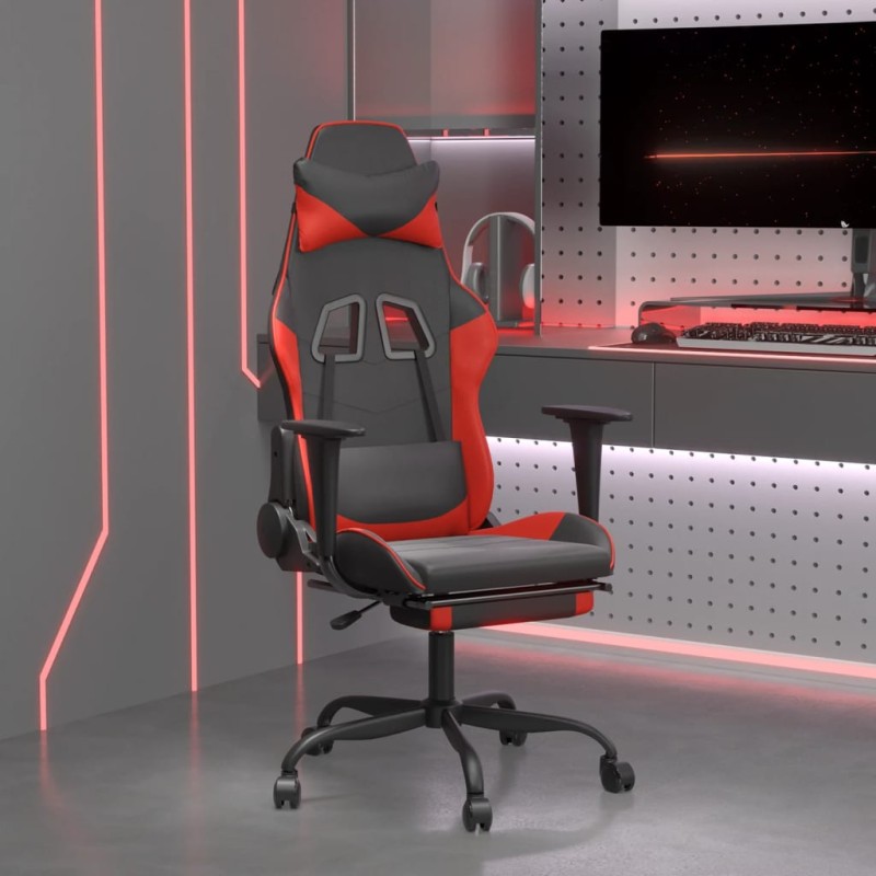 Cadeira gaming c/ apoio pés couro artificial preto e vermelho-Cadeiras de jogo-Home Retail