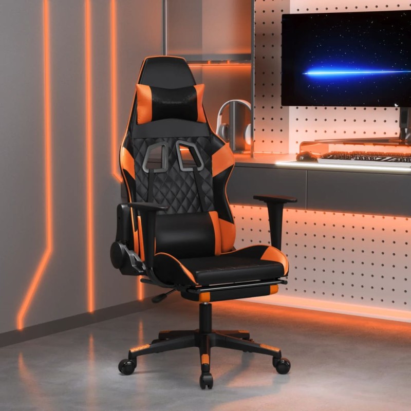 Cadeira gaming c/ apoio p/ pés couro artificial preto e laranja-Cadeiras de jogo-Home Retail