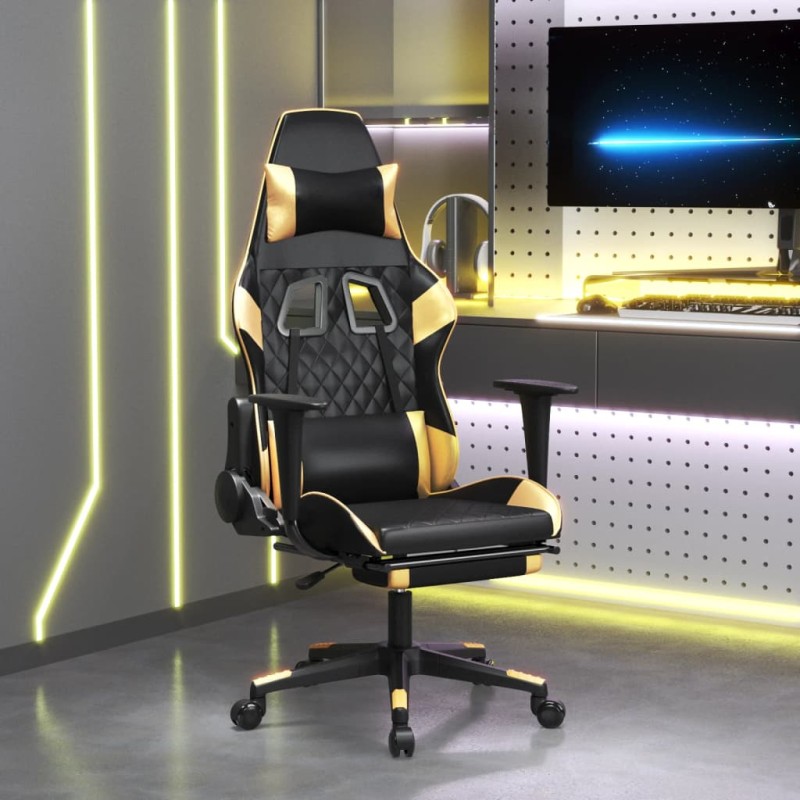 Cadeira gaming c/ apoio pés couro artificial preto e dourado-Cadeiras de jogo-Home Retail