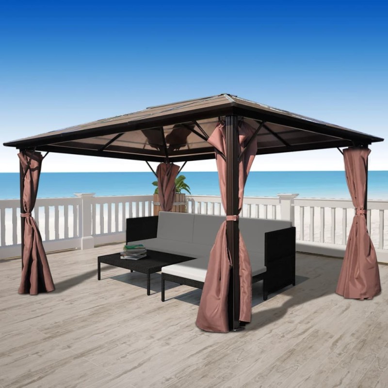 Gazebo com cortina 400 x 300 cm alumínio castanho-Toldos e gazebos-Home Retail