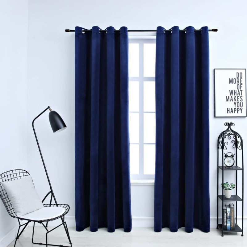 Cortinas blackout c/ argolas 2 pcs 140x245cm veludo azul escuro-Persianas e cortinas-Home Retail