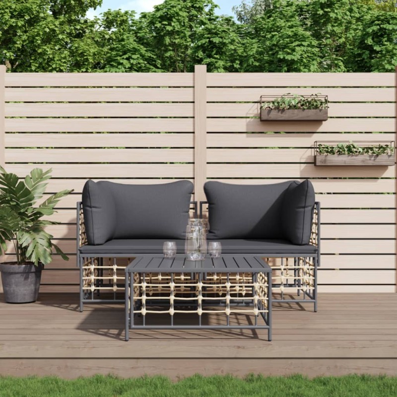 3 pcs conjunto lounge de jardim c/ almofadões vime PE antracite-Sofás para exterior-Home Retail