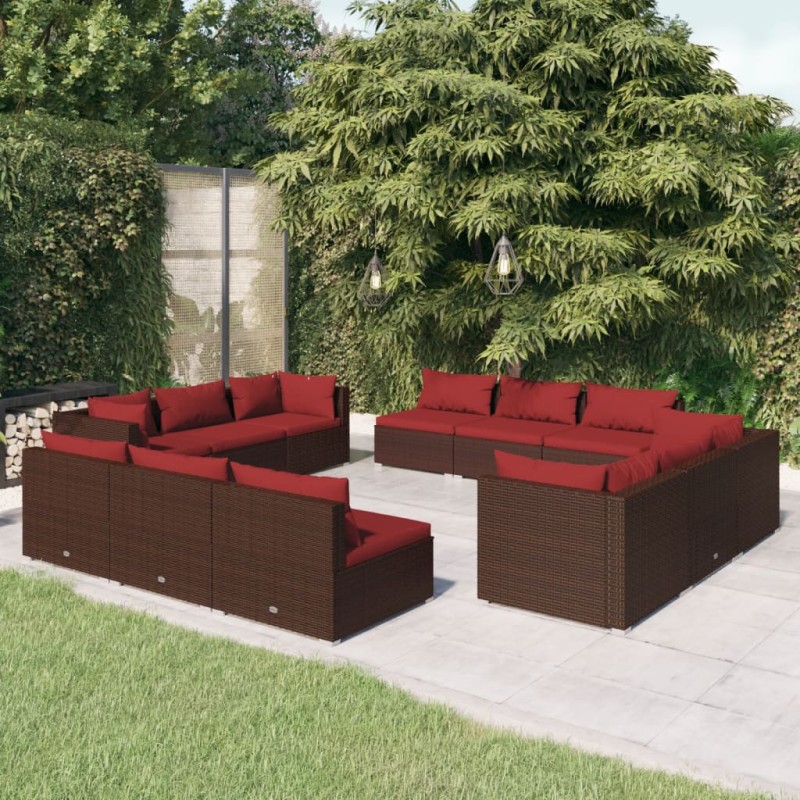 12 pcs conjunto lounge jardim c/ almofadões vime PE castanho-Conjuntos de jardim-Home Retail