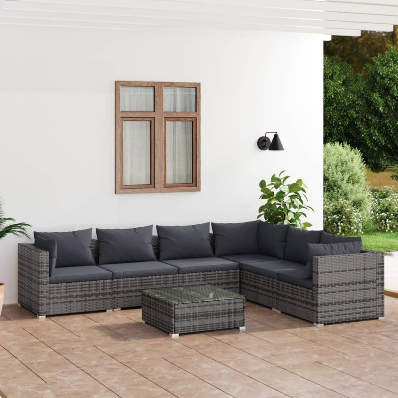 7 pcs conjunto lounge de jardim c/ almofadões vime PE cinzento-Conjuntos de jardim-Home Retail