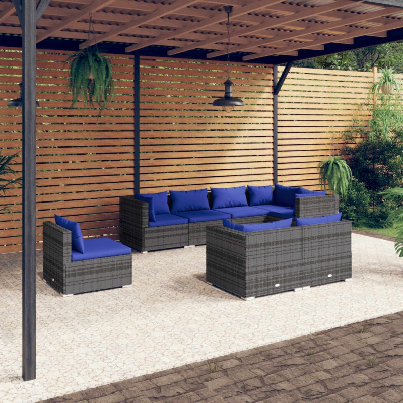 8 pcs conjunto lounge de jardim c/ almofadões vime PE cinzento-Conjuntos de jardim-Home Retail