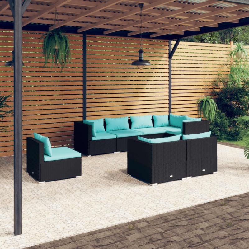 8 pcs conjunto lounge de jardim c/ almofadões vime PE preto-Conjuntos de jardim-Home Retail