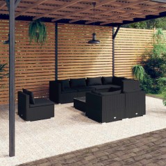 9 pcs conjunto lounge de jardim c/ almofadões vime PE preto