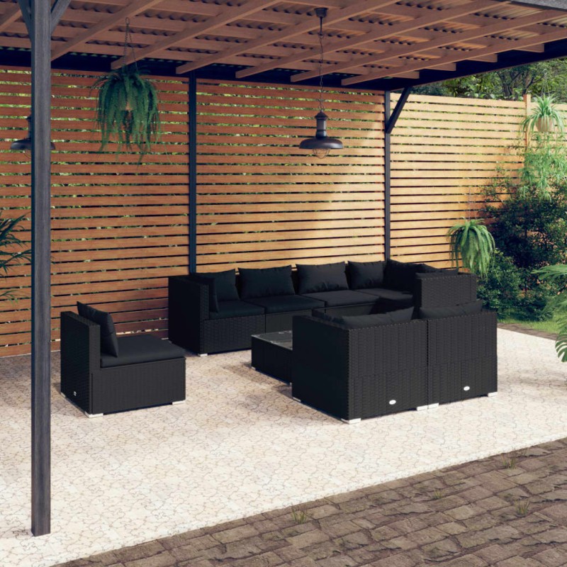 9 pcs conjunto lounge de jardim c/ almofadões vime PE preto-Conjuntos de jardim-Home Retail