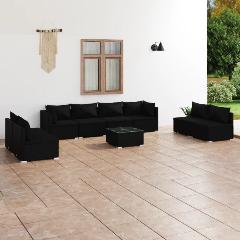 9 pcs conjunto lounge de jardim c/ almofadões vime PE preto-Conjuntos de jardim-Home Retail